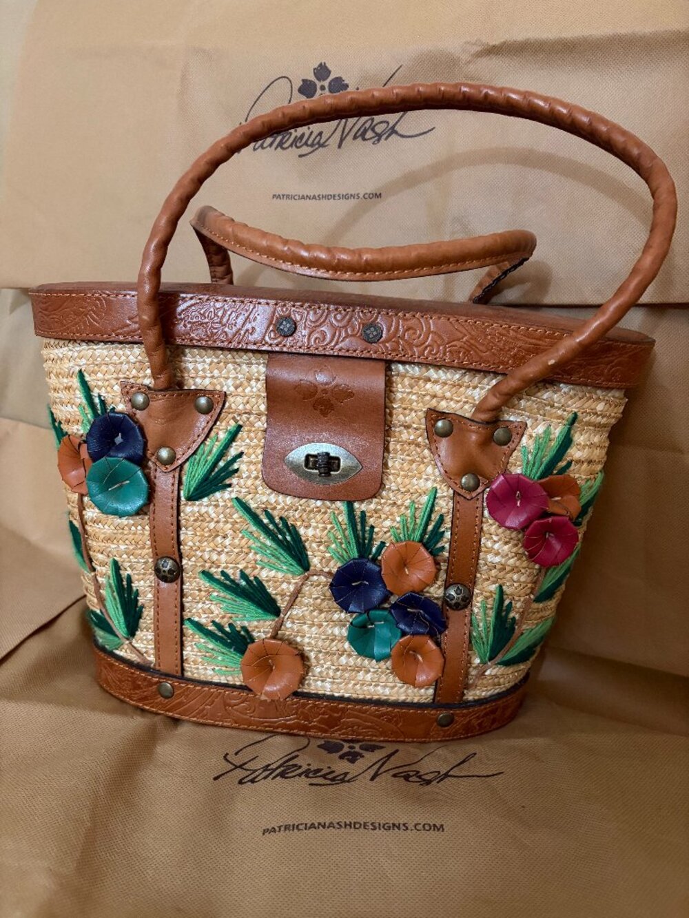 Patricia Nash Levanzo Straw Floral Bag Vintage-Style Satchel Tote Tooled Leather
